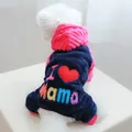 Navy flannel pet winter jumpsuit with I Love Mama embroidery and pink hood - XXS / Navy Pink-I Love Mama