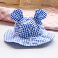 Close-up of blue gingham pet sun hat with cute 3D ears and breathable cotton fabric - One Size / Blue
