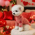 Pink knitted pet sweater with red heart pattern and high neck on a white dog - XS (Weight 1.5kg) / Dusty Pink Heart Style