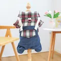 Dettaglio camicia scozzese e salopette in denim per animali con anello a D in metallo - XS / Stile Salopette a Quadri Rossi