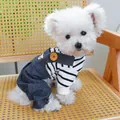 Detail der Hunde-Jeans-Latzhose mit süßer Bären-Stickerei und gestreiftem Hemd - XS / Bärenkopf Denim-Hose Schwarz - Schwarz-Weiß Gestreift