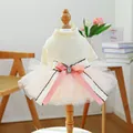 Detail of pet dress with a pink tulle skirt and a large bow with rhinestone on a wooden model - XS / Nicole Fragrance Style Dress