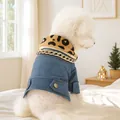 Coole Denim-Haustierjacke mit Leoparden-Kunstfellkragen und Goldkette für Hunde - XS (Ca. 1-1,5 kg) / Oberteile / Tycoon Leopardenkragen-Stil / Dunkelblau