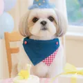 Dog birthday party set with navy denim neckerchief and light blue polka dot hat - Small / Denim Triangle Bib With Hat