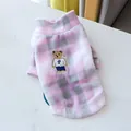 Pink and grey plaid fleece pet sweater with cute bear embroidery for small dogs and cats - XS / Bear Plaid-Pink Gray (Scarf Bear Undershirt-Pink)