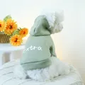 Detail of green pet hoodie with Extra lettering on soft knit fleece fabric for small dogs - Extra Sage Green Hoodie