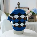 Soft argyle knit dog sweater in blue and brown, displayed on a pet mannequin - XS / Blue and Brown Argyle