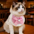 Close-up of ragdoll cat wearing a pink tweed bib with bow and heart pearl jewelry - Pink Tweed Style Bib