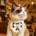 Detail of pet knit sweater with oversized silk bow and pearl on tweed bib decoration - Dark Green Tweed Style Bib