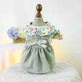 Floral pet princess dress with bean green corduroy skirt and lace bow detail - High Waist Small Floral Skirt-Green