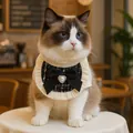 Close-up of a French style tweed pet bib with black silk bow and heart pearl on a cat - Black Tweed Style Bib