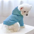 Detail of light blue pet hoodie on a white small dog showing soft cotton fabric and hood - Lake Blue