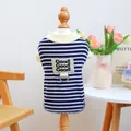 Blue and white striped pet vest for dogs and cats with D-ring harness and smiley patch - XS (Weight 1.5kg) / Tops / Navy and White Stripes with D-Ring