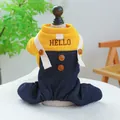 Thick winter dog romper with yellow knitted top, denim overalls and HELLO embroidery - Yellow Hello Overalls (Hello Overalls - Yellow)