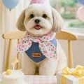 Blue denim pet bandana with pink floral ties and leather patch for small dogs - Little Rose Bowknot Bib With Hat
