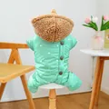 Thick winter pet jumpsuit in mint green with white polka dots and cozy fleece hood - Green Polka Dot Four-Legged Cotton Coat