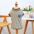 Detail of vintage striped dog shirt with ribbed brown edges on a small wooden model - XS / Coffee Stripes with Vintage Patch