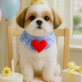 Blue plaid pet bandana with red heart detail for small dogs birthday party outfits - Plaid Collar - Heart