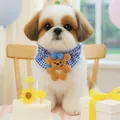 Blue plaid pet birthday bandana with brown plush bear for small dogs and cats - Plaid Collar - Bear