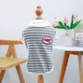 Classic grey and white striped pet vest with vintage red patch on a wooden hanger - S / Tops / Grey and White Stripes