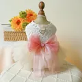 Elegant pet wedding dress with lace floral pattern, pink bow, and layered tulle skirt - XS / Little Sweetheart Wedding Dress