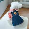 Hunde-Set aus orangefarbenem Gingham-Hemd und Denim-Kleid mit Bärenstickerei - XS (Gewicht 1.5kg) / Sonnenblume Bär Denim Kleid