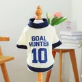 Cream waffle pet vest with blue trim and Goal Hunter 10 print on wooden stand - XS (Weight 1.5kg) / Tops / White Goal Hunter Sporty Vest