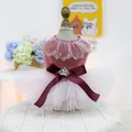 Detail of pink velvet pet dress with white lace collar and a red bow with crown rhinestone - Royal Gown - Pink