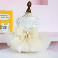 Elegant white checkered pet dress with pearl accents and large tulle bow for dogs - XS (Weight 1.5kg) / Sissi Princess Wedding Dress / White
