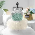 Detail of pet wedding dress with green sequins, lace collar and pearl chain accents - Mint Mambo Gown
