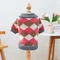 Pink and brown argyle knit sweater for dogs and cats on a wooden mannequin - XS / Pink and Brown Argyle