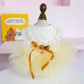 Elegant white lace pet wedding dress with a ginger satin bow and tiered cream tulle skirt - XS (Weight 1.5kg) / Gilded Wedding Dress / Cream