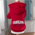 Red hooded pet sweatshirt with white Fabulous print and blue stars for small dogs - Red Star