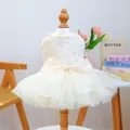 Elegant white lace pet princess dress with tulle skirt and bow on a mannequin - XS (Weight 1.5kg) / Flower Fairy Wedding Dress