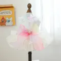 Detail of pet wedding dress with lace mesh skirt and large gradient organza bow - Rainbow Cream Mesh Dress