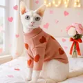 Pink knitted pet sweater with red heart patterns and high collar for small cats - XS (Weight 1.5kg) / Tops / Heart Print Undershirt-Rubber Pink