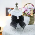 Elegant pet fairy dress with white lace crochet and a large black polka dot bow tie - XS / Pearl Lace Bow Wedding Dress