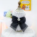 Elegant white lace pet dress with black polka dot bow and pearl collar for small dogs - XS (Weight 1.5kg) / No. 5 Wedding Dress