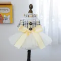 Elegant tweed pet princess dress with yellow satin bow and layered white tulle skirt - XS (Weight 1.5kg) / Charming Princess Wedding Dress