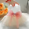 Detail of floral lace embroidery and large pink bow with heart crystal on pet dress - XS / Vivi Wedding Dress