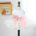 Elegant white lace pet princess dress with pink organza bow and layered cream mesh tutu - XS (Weight 1.5kg) / Vivi Wedding Dress