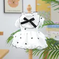 White pet dress with black heart prints, velvet bow and golden heart pendant for small dogs - Small Heart Tutu Dress - White