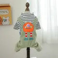 Tuta a righe per animali con pantaloni verdi a bretelle e patch a forma di mostro - XS / Salopette Dopamine Monster - Verde Fagiolo