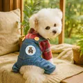 Completo per cani con camicia a quadri rossa e salopette in denim con toppa a orsetto - XS / Salopette In Denim Per Bambini