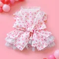 Pink heart print dog dress with lace trim and bow for small pets on pink background - Pink Sweetheart Princess Dress