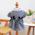 Blue and white checkered pet princess dress with lace collar and black bows - Heart Pearl Dress - Navy Blue