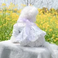 Light purple floral pet summer dress with mesh bow on a Bichon Frise in a flower field - XS / Midsummer Floral Style Green