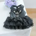 Elegante vestido negro para mascotas con parte superior de cuero sintético y lentejuelas - S / Pecho 35cm/Largo 25cm / Negro (Falda de Cuero con Lentejuelas)