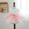 Detail of pink tutu pet dress featuring heart sequins and a large satin bow with rhinestone - Pink Heart Tutu Skirt