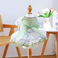 Detail of pet dress with a large green organza bow and layered lace embroidered skirt - Wizard of Oz Dress
